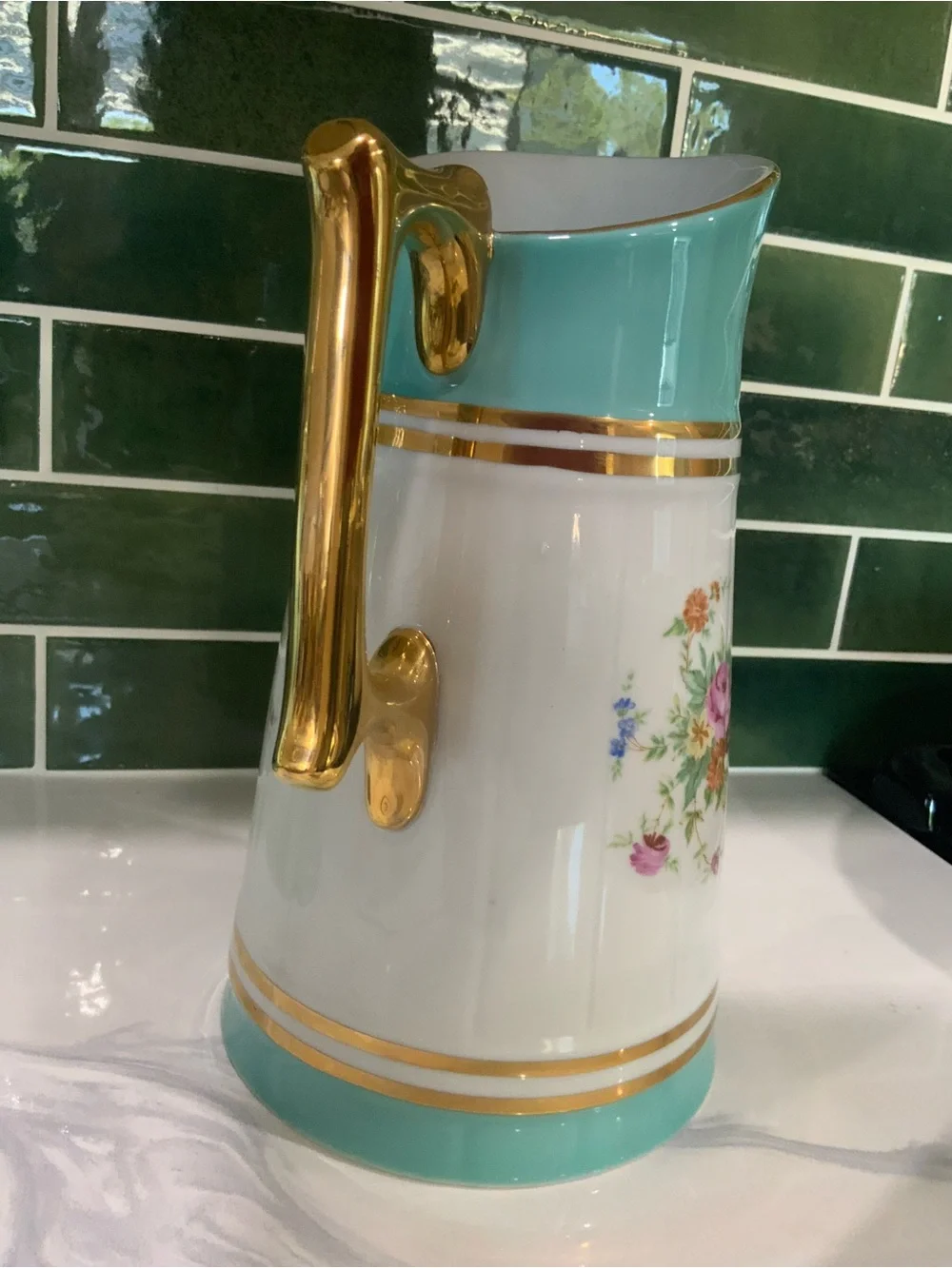 Porcelain Poland Floral Pitcher with Turquoise Trim and Gold Handle
